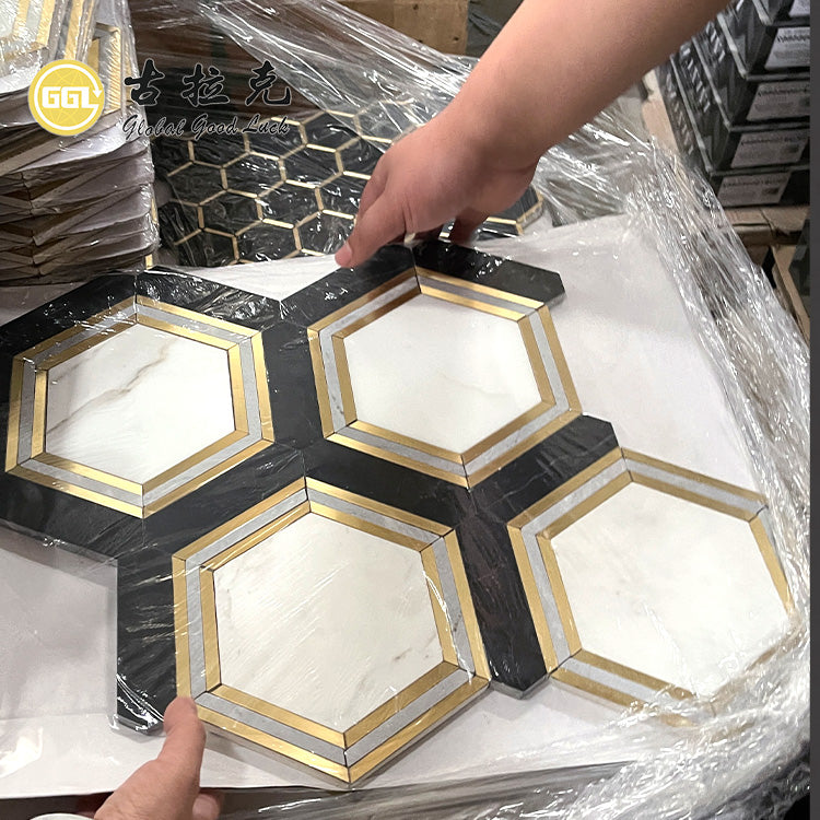 Cung cấp từ nhà máy Gạch mosaic hình lục giác đá cẩm thạch trắng Calacatta phối đồng dùng để trang trí nội thất