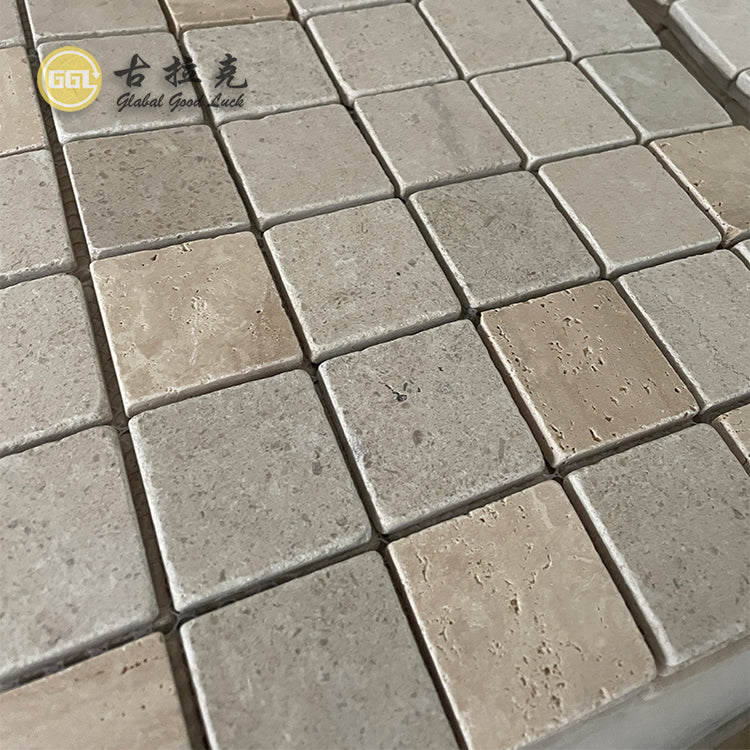 Đại hạ giá Gạch mosaic đá Travertine màu be cổ điển hình vuông để trang trí ngoài trời