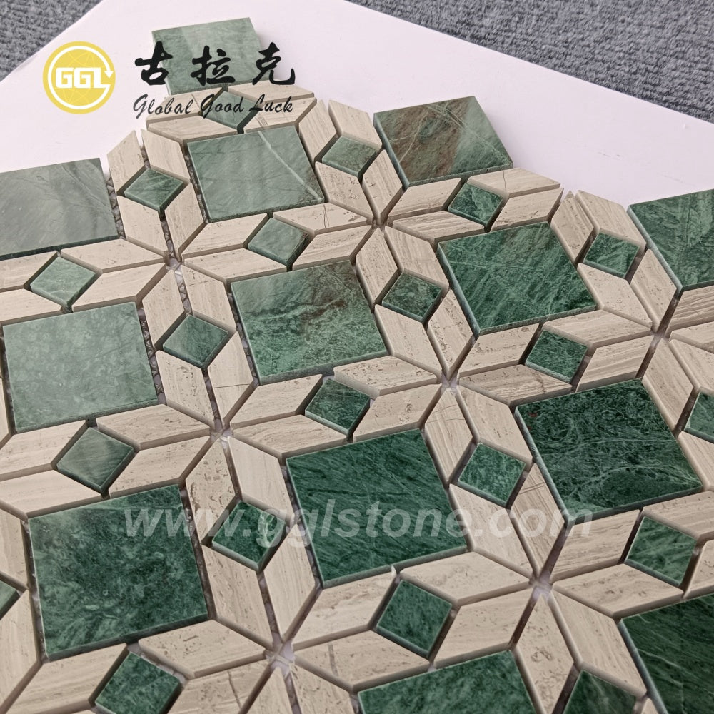 Gạch mosaic đá hoa văn cắt tia nước phối cẩm thạch xanh và vân gỗ