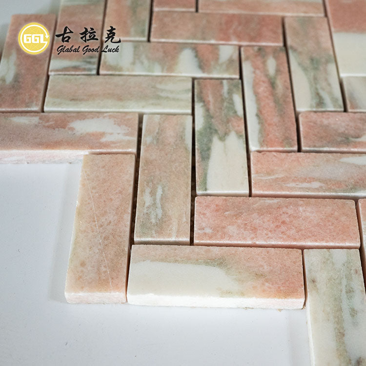 Gạch Mosaic Đá Cẩm Thạch Tự Nhiên Rosso Norwegine Họa Tiết Xương Cá 10mm Trang Trí Tường Sàn cho Phòng Khách, Phòng Ngủ, Nhà Bếp, Khách Sạn
