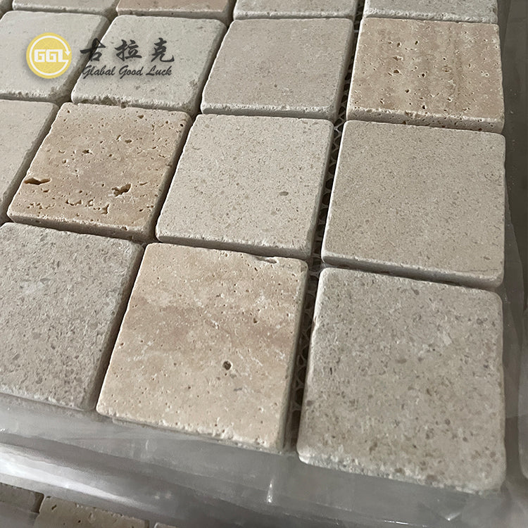 Đại hạ giá Gạch mosaic đá Travertine màu be cổ điển hình vuông để trang trí ngoài trời