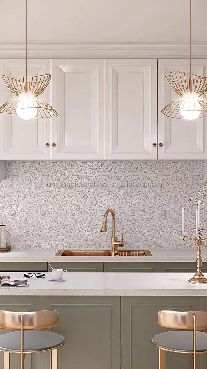 Gạch Mosaic Cẩm Thạch Trắng Tự Nhiên Pha Xà Cừ Cắt Tia Nước Hoa Hồng Mới Trang Trí Tường Sang Trọng