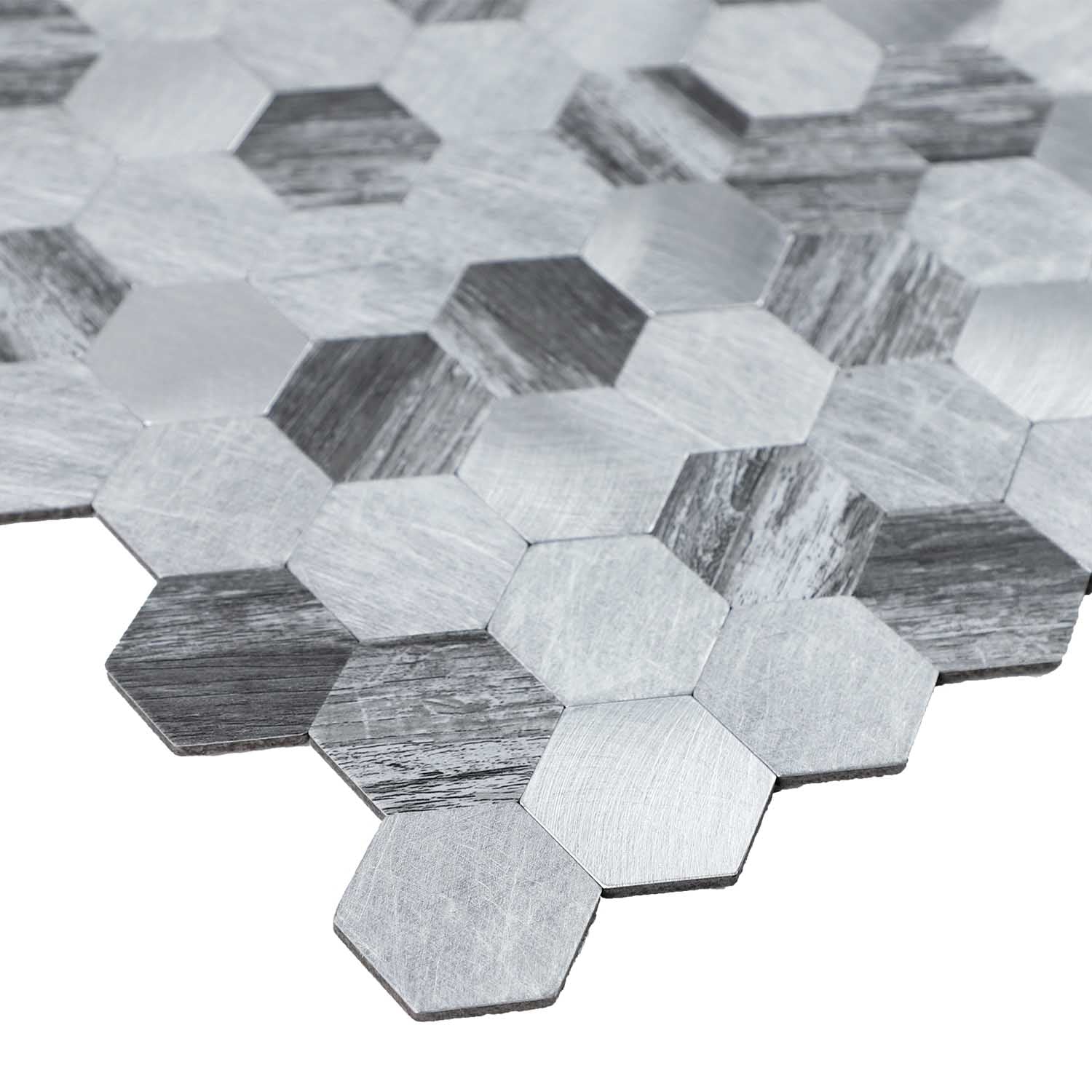 Gạch Mosaic Bóc dán Lục giác Nhôm vân gỗ Xám pha Bạc ốp tường bếp