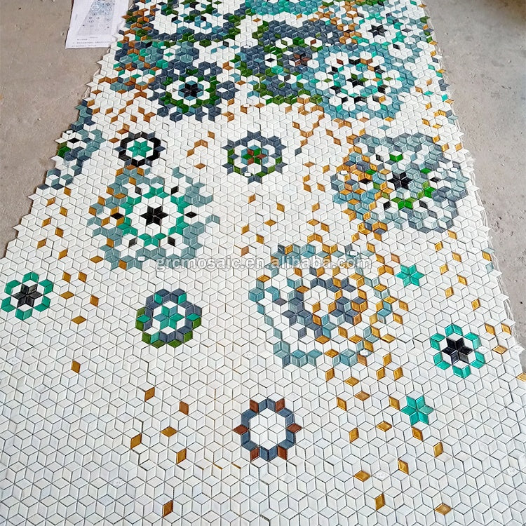 Tranh Tường Gạch Mosaic Nghệ Thuật Hình Thoi Vàng Mosaic Họa Tiết Hoa Lấp Lánh Thủ Công Tùy Chỉnh Chống Nước Ghép Hình Mosaic Chuyển Sắc Hồ Bơi Spa