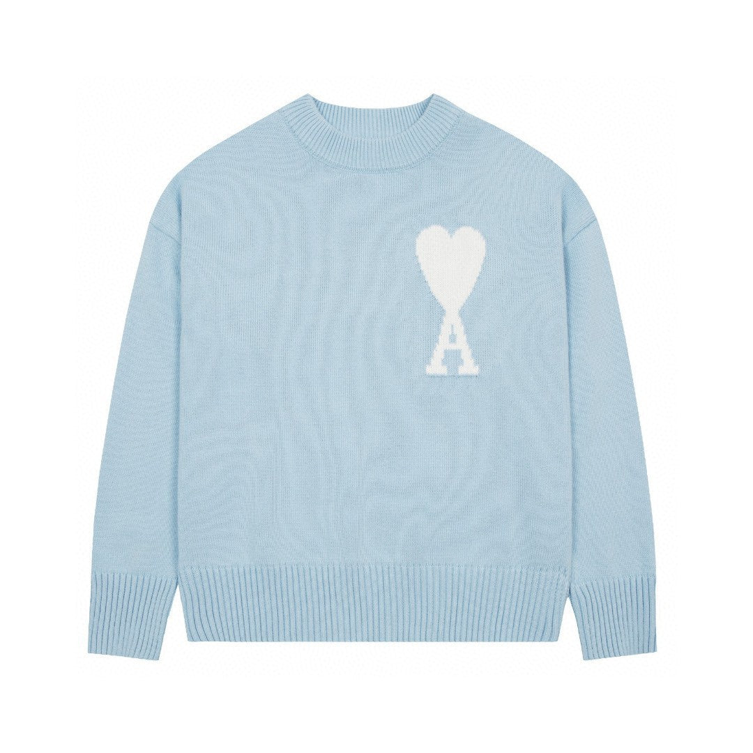 Áo len cổ tròn Ami dành cho nam, dệt họa tiết chữ tình yêu, phong cách streetwear, có logo phía trước, phổ biến khi mặc đôi.