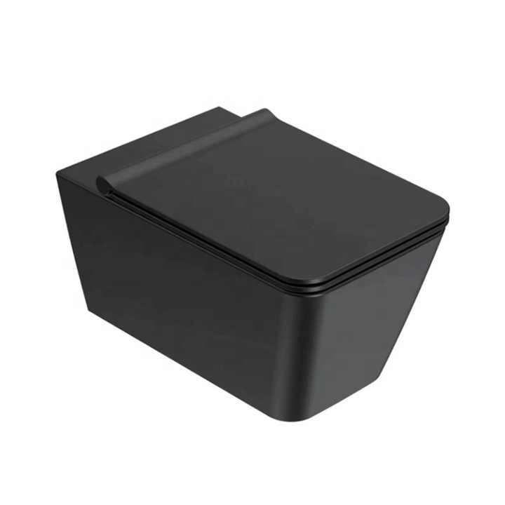 Thiết bị vệ sinh bằng gốm không viền màu đen mờ hình vuông bồn cầu gắn tường cho phòng tắm