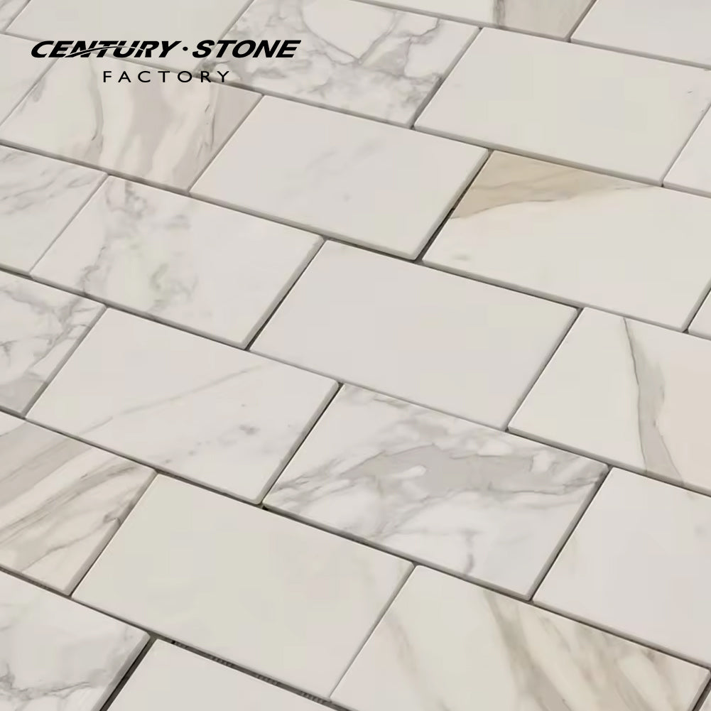 Centurymosaic Gạch Trắng Đánh Bóng Đá Tự Nhiên Cẩm Thạch Calacatta Vàng Gạch Mosaic Kiểu Tàu Điện Ngầm