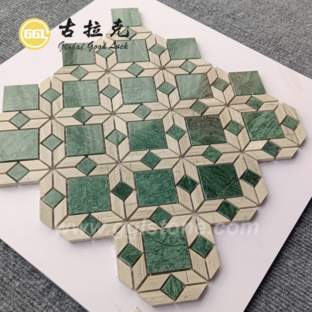 Gạch mosaic đá hoa văn cắt tia nước phối cẩm thạch xanh và vân gỗ