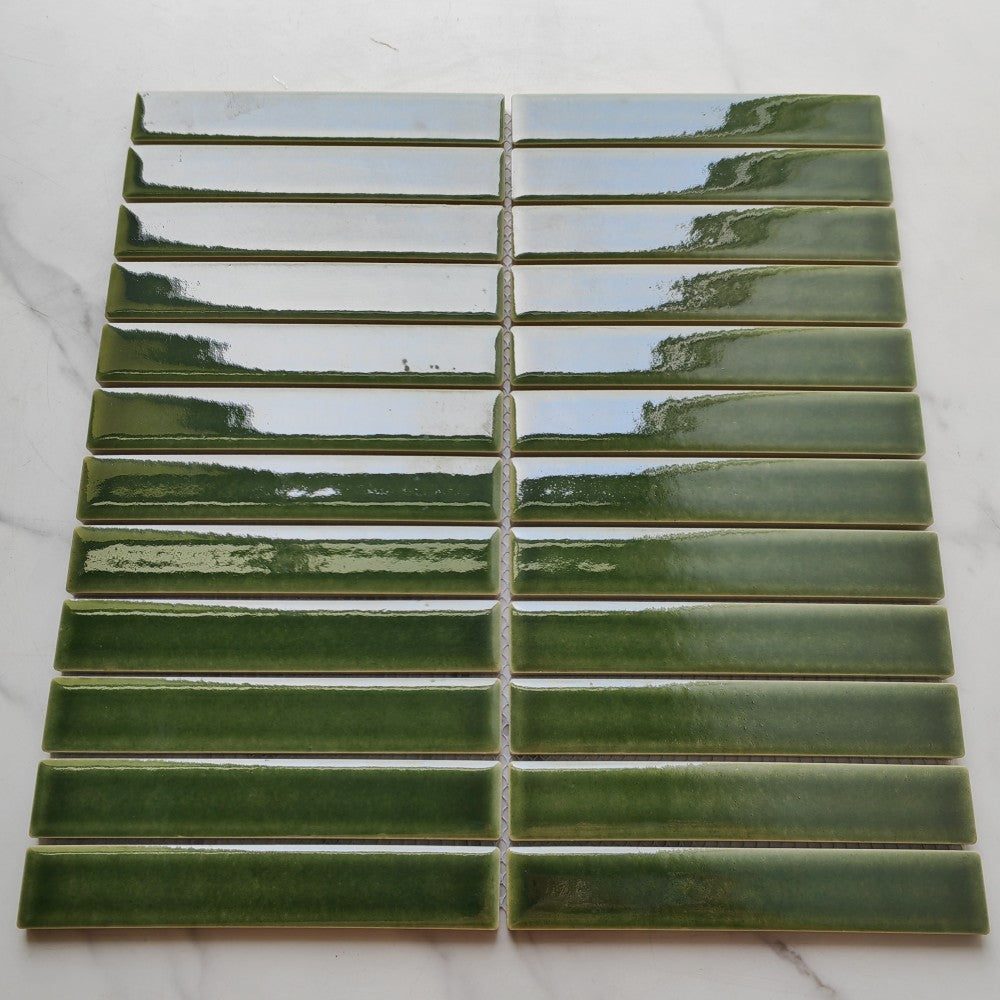 Mảnh Gạch Mosaic Gốm Sứ Dạng Dải Màu Xanh Lá Bóng Mới Dùng Cho Ốp Tường Bếp Phòng Tắm