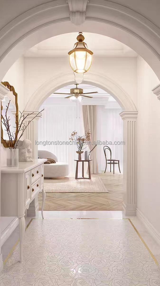 Gạch Mosaic Cẩm Thạch Trắng Tự Nhiên Pha Xà Cừ Cắt Tia Nước Hoa Hồng Mới Trang Trí Tường Sang Trọng