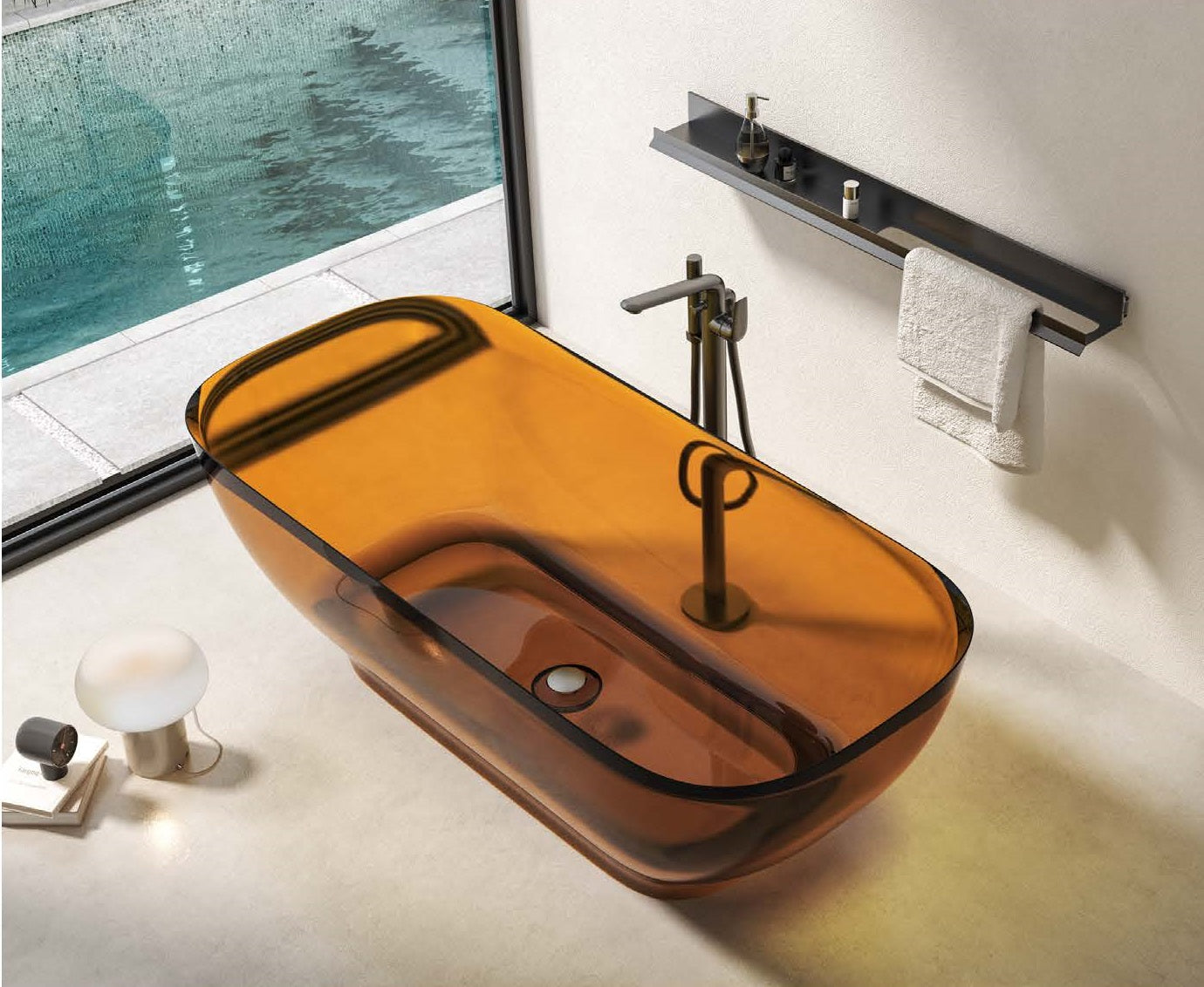 Bồn tắm ngâm bằng nhựa epoxy trong suốt màu nâu, thiết kế trang trí hiện đại đẹp mắt