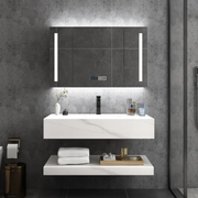 Tủ lavabo phòng tắm hiện đại sang trọng có bồn rửa, chậu rửa treo tường, tủ gương thông minh LED, tủ phòng tắm kết hợp