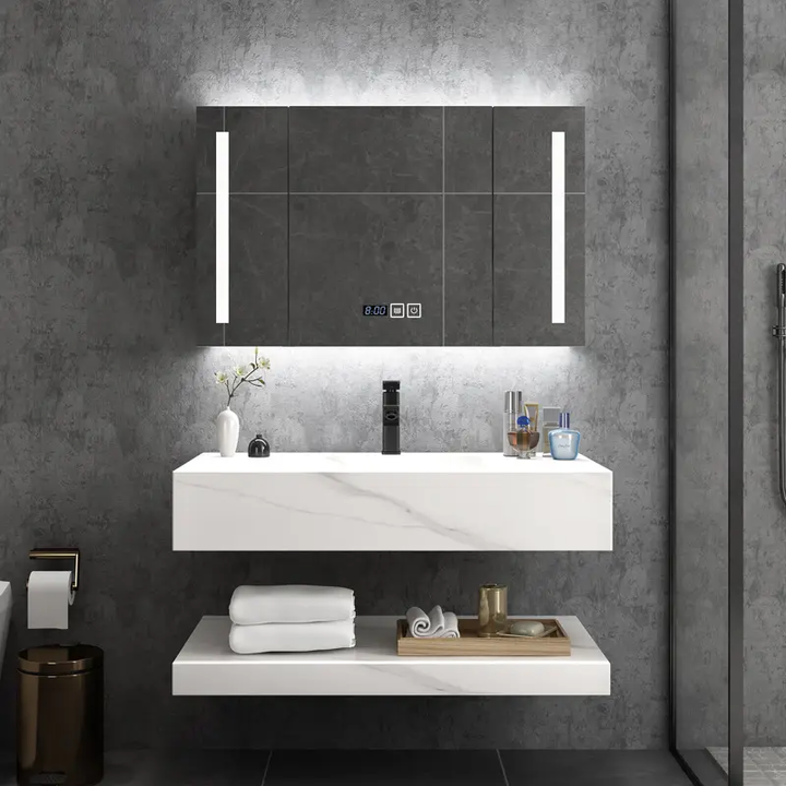 Tủ lavabo phòng tắm hiện đại sang trọng có bồn rửa, chậu rửa treo tường, tủ gương thông minh LED, tủ phòng tắm kết hợp