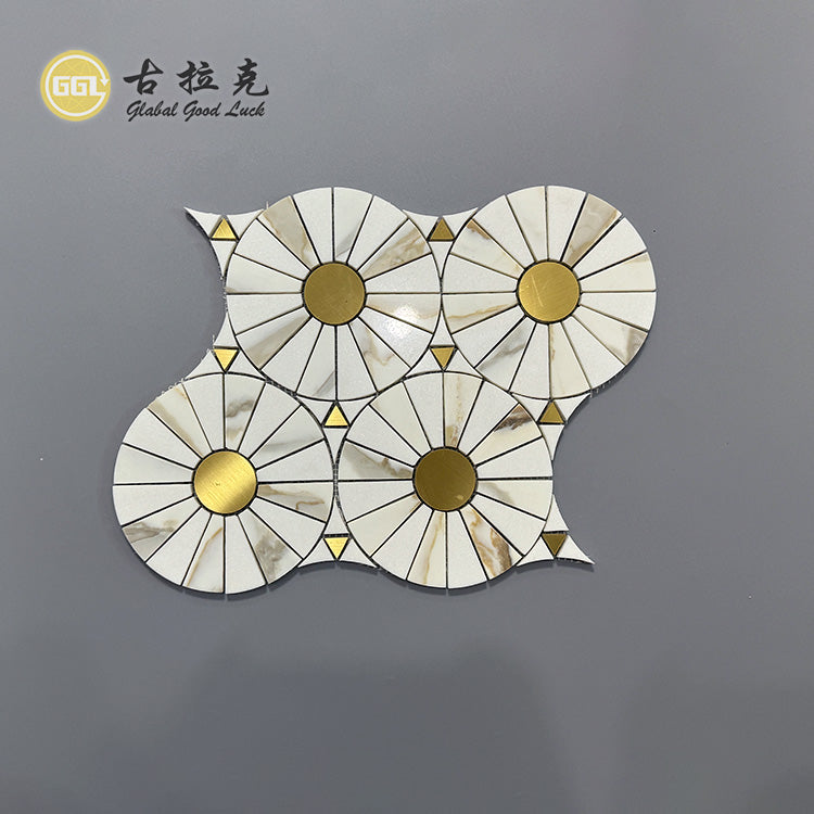 Đá cẩm thạch Calacatta Gold Tròn kết hợp đồng thau Gạch mosaic cắt tia nước 10mm Hoa văn Parquet hiện đại Trang trí tường bếp & biệt thự