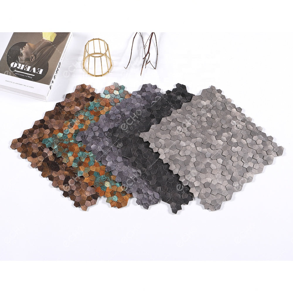 Gạch Mosaic Hợp Kim Nhôm Bóc Dán 3D Mini Ngũ Giác Bất Quy Tắc Đồng Thau Xanh Đồng Cổ Điển