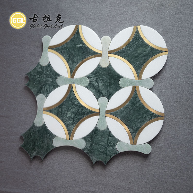 Gạch Mosaic Cắt Tia Nước Đá Cẩm Thạch Thassos Trắng Và Verde Affai Kết Hợp Đồng Thau Dùng Cho Trang Trí Nội Thất
