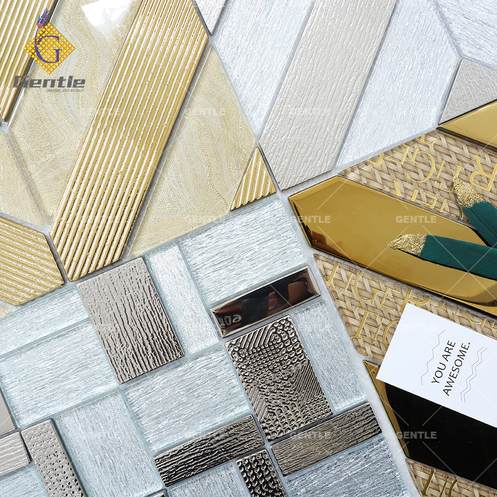 Gạch Mosaic Thủy Tinh Ánh Kim Họa Tiết Xương Cá Màu Vàng