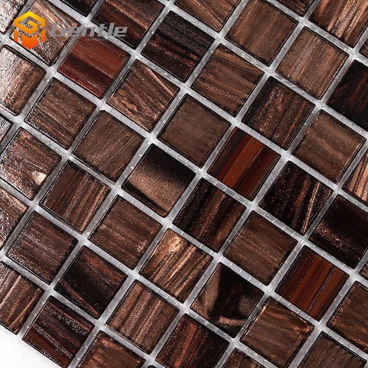 Gạch mosaic thủy tinh bóng màu nâu pha tối, viên vuông 20x20x4mm, tấm vuông 327x327mm, dán nóng chảy, dùng cho phòng tắm.