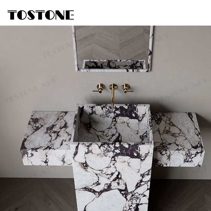 Mặt bàn lavabo phòng tắm đứng độc lập Tostone bằng đá cẩm thạch Calacatta Viola tự nhiên, bề mặt mài, phong cách, dùng trang trí bồn rửa mặt gia đình.