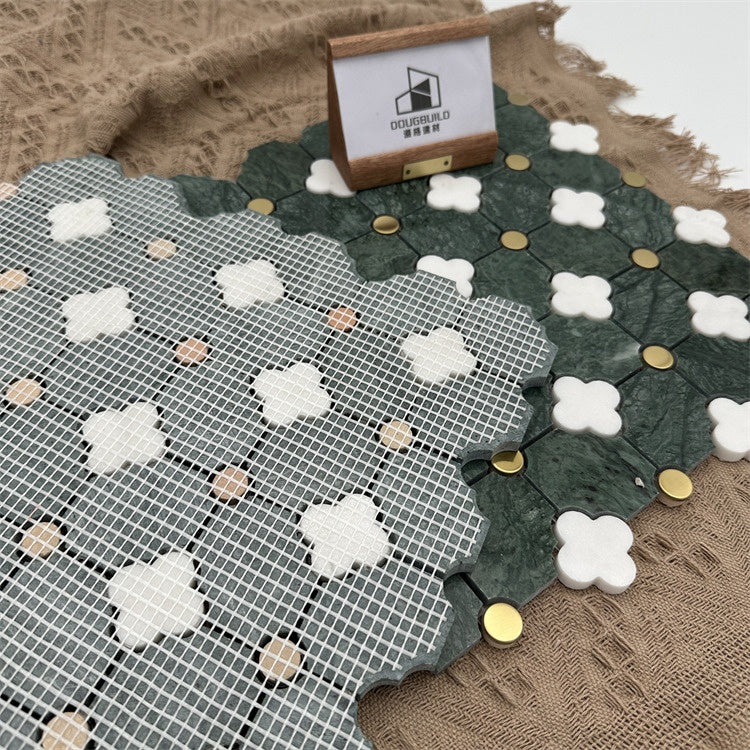 Gạch mosaic tia nước bền bỉ, chạm khắc thủ công từ đá cẩm thạch ngọc bích xanh và vỏ sò pha trộn, dành cho không gian nhà ở và thương mại cao cấp