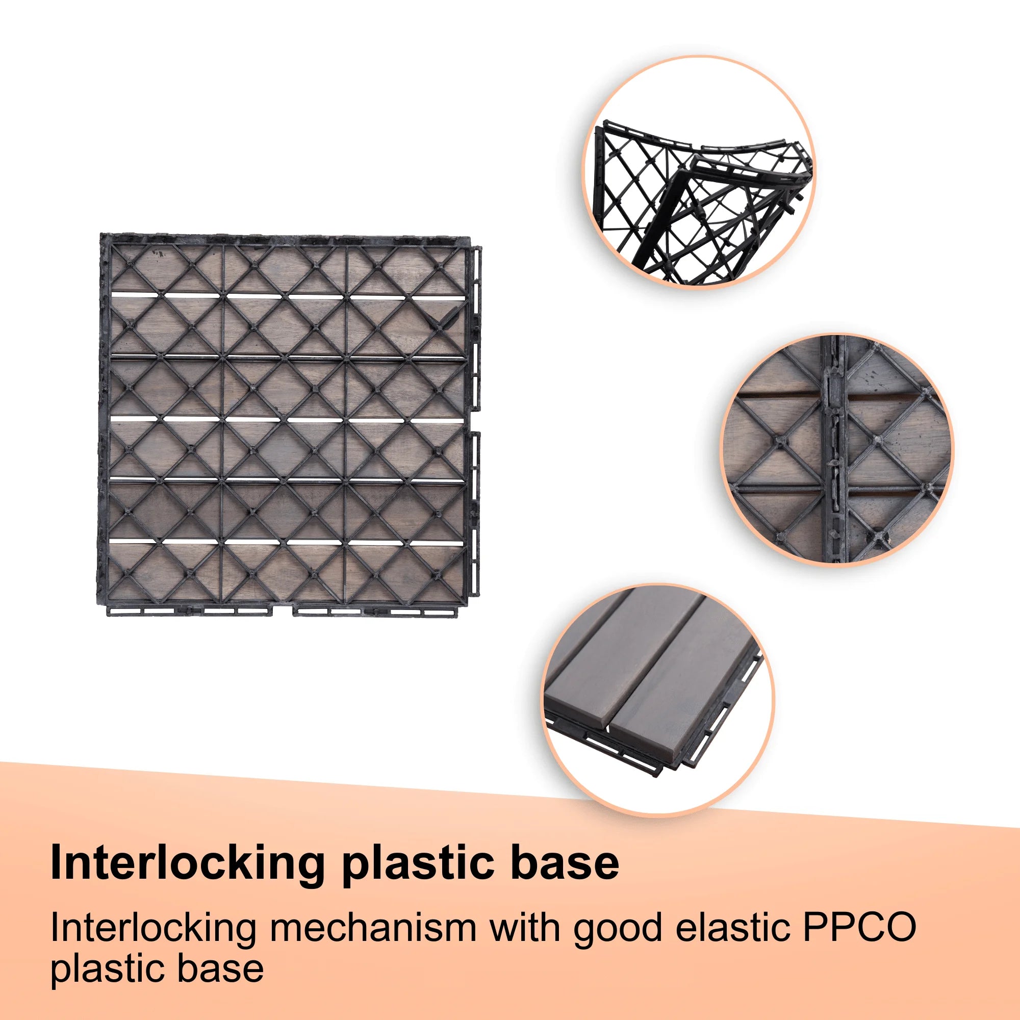 DB 10 PCS Light Gray Acacia Hardwood Interlocking Deck Tiles 12\" X 12\" Striped Pattern for Outdoor Patio Flooring