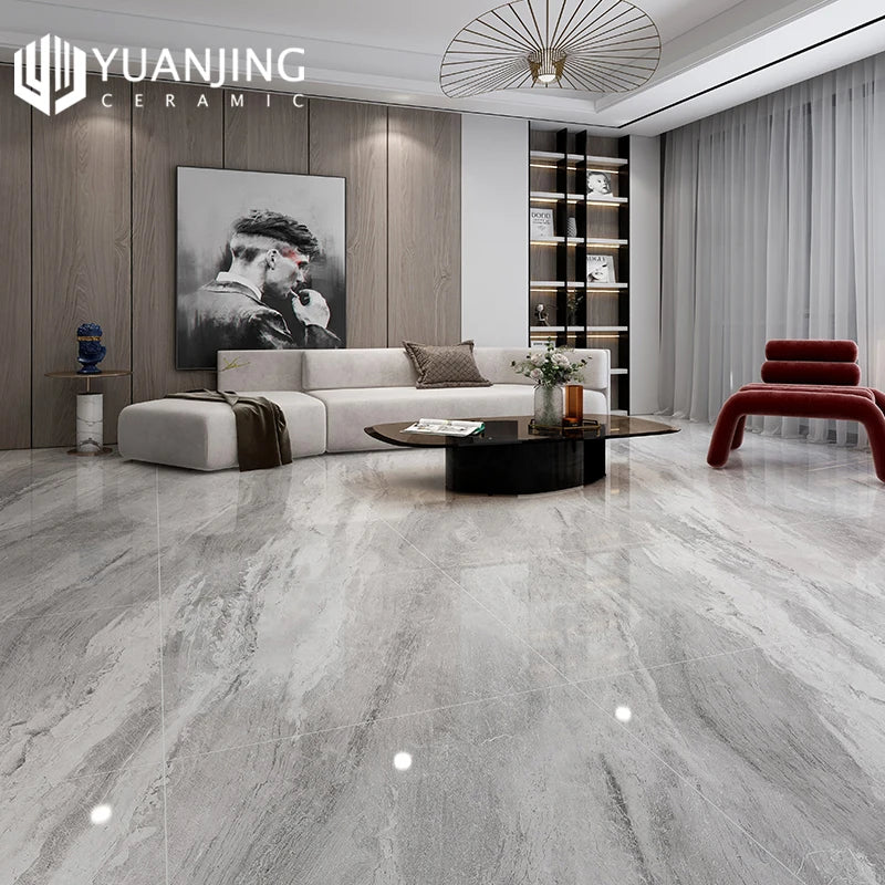 Gạch Sứ 800x800mm Vân Đá Cẩm Thạch Xám Bóng, Xương Đồng Chất, Chống Trượt, Lát Sàn Phòng Khách