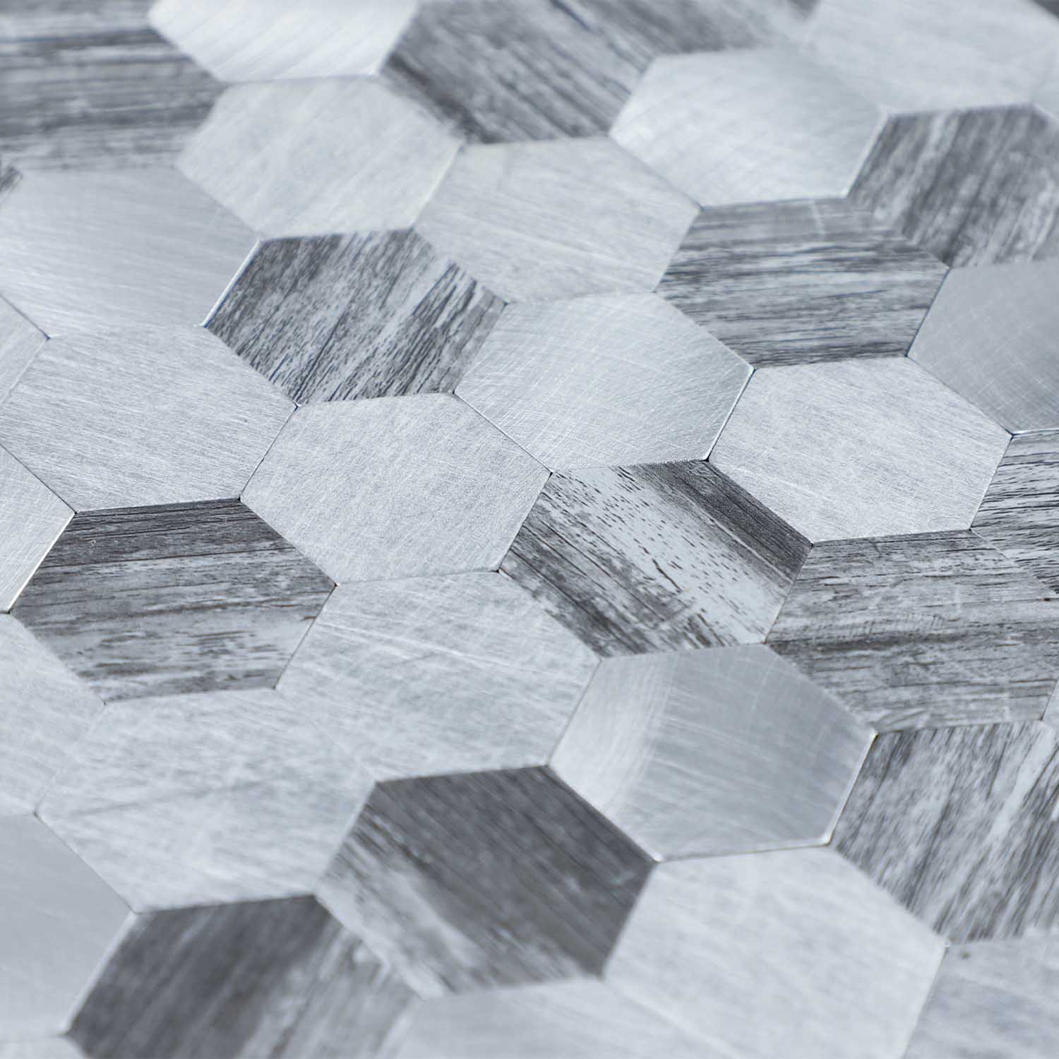 Gạch Mosaic Bóc dán Lục giác Nhôm vân gỗ Xám pha Bạc ốp tường bếp