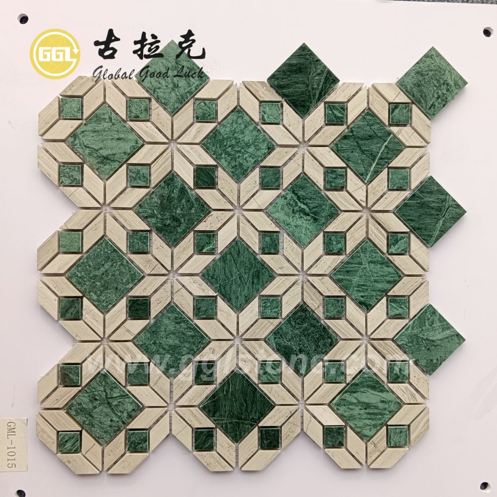 Gạch mosaic đá hoa văn cắt tia nước phối cẩm thạch xanh và vân gỗ
