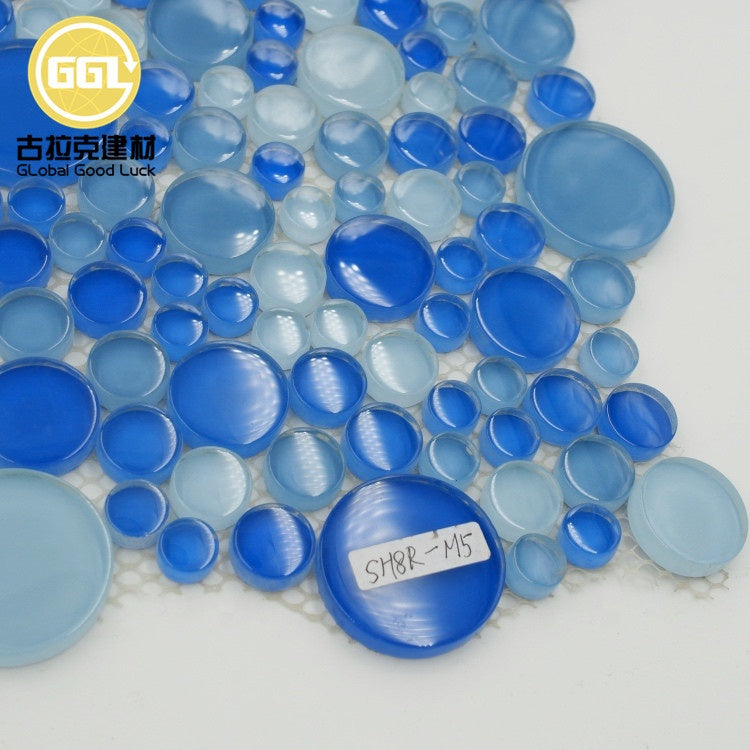 Gạch Goodluck Mosaic kính pha lê hình bong bóng tròn phong cách hiện đại, xanh dương đậm nhạt pha trộn, cho hồ bơi, phòng tắm, nhà bếp, khách sạn.