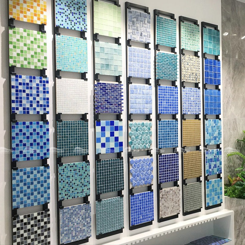 Gạch Bluwhale - Nhà cung cấp hồ bơi trọn gói - Giá nhà máy Phật Sơn - Gạch kính mosaic pha lê hình vuông màu xanh dương phối màu cho hồ bơi và phòng tắm