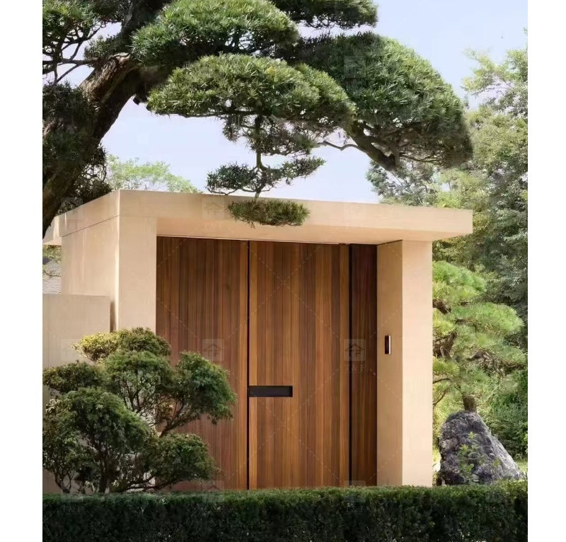 Cửa ra vào chính gỗ cánh đôi thiết kế hiện đại, an ninh ngoài biệt thự, chống thấm nước, bề mặt hoàn thiện.