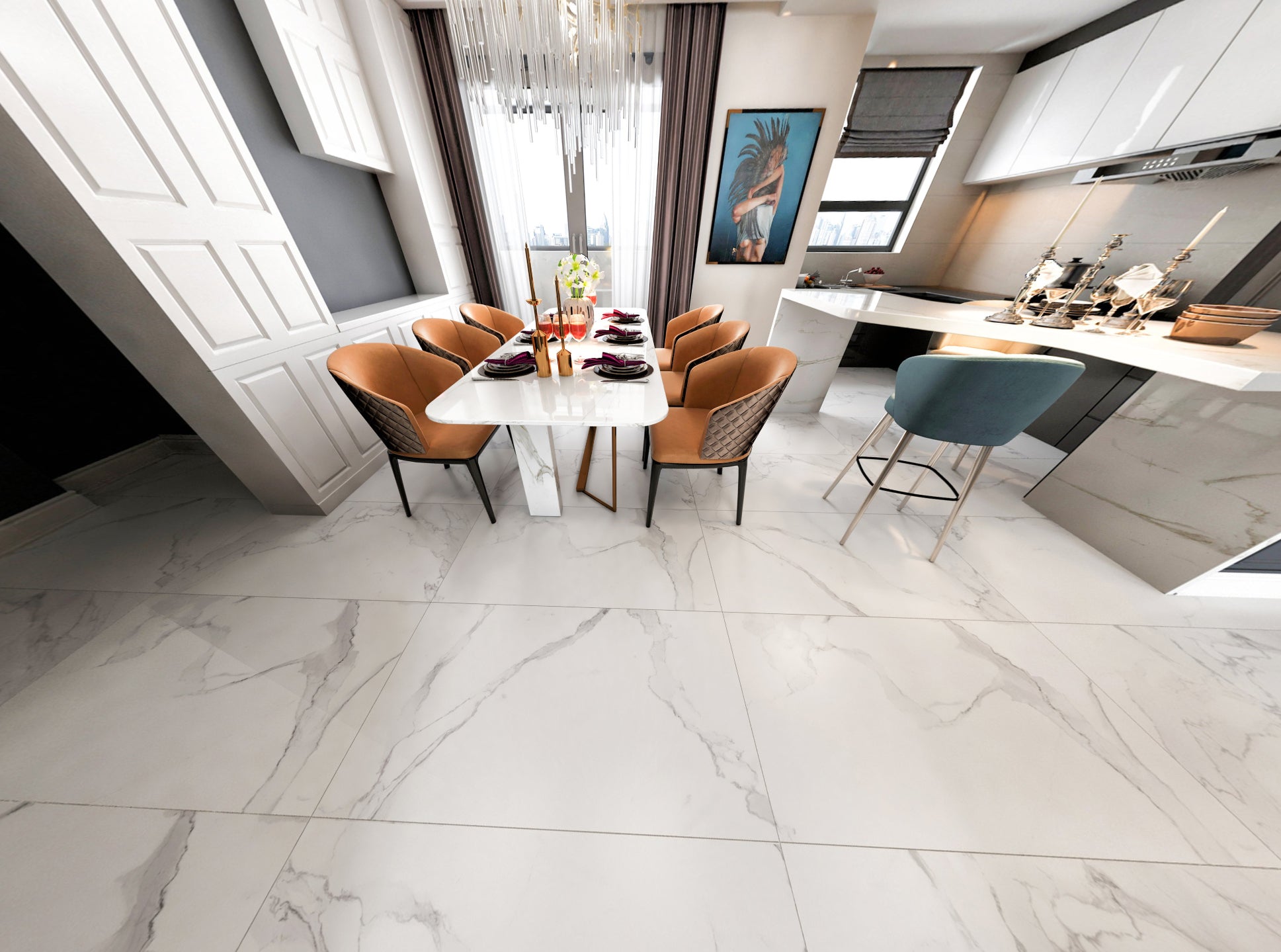 Gạch bán chạy xương sứ tráng men đánh bóng vân đá cẩm thạch 600x1200 Bề mặt sáng dùng cho sàn phòng khách, văn phòng, trung tâm thương mại