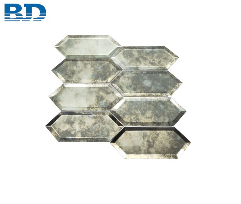 Gạch Gương Cổ Điển Mosaic Lục Giác Dài Vát Cạnh Bóng Mờ Khói Gạch Ốp Tường Gương Tổ Ong Vát Cạnh