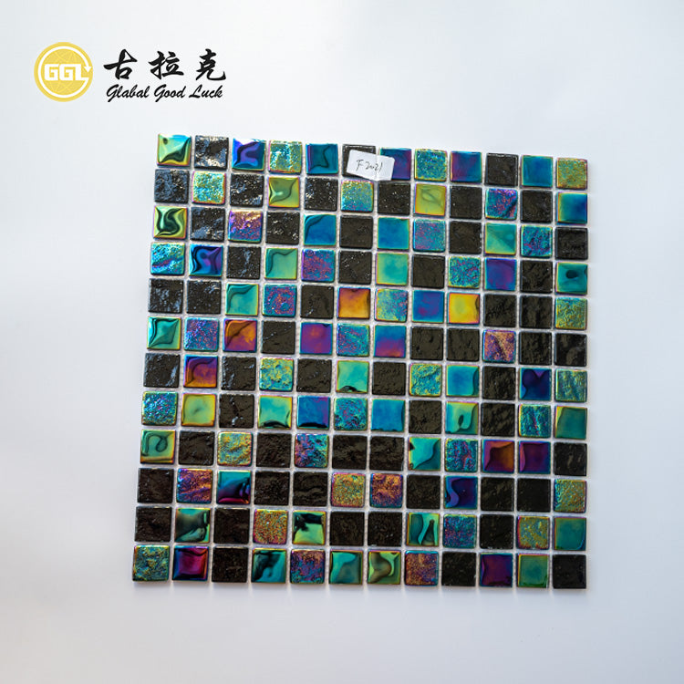 Gạch Mosaic Thủy Tinh Đen & Đa Sắc Rực Rỡ Hoa Văn Vuông Bóng
