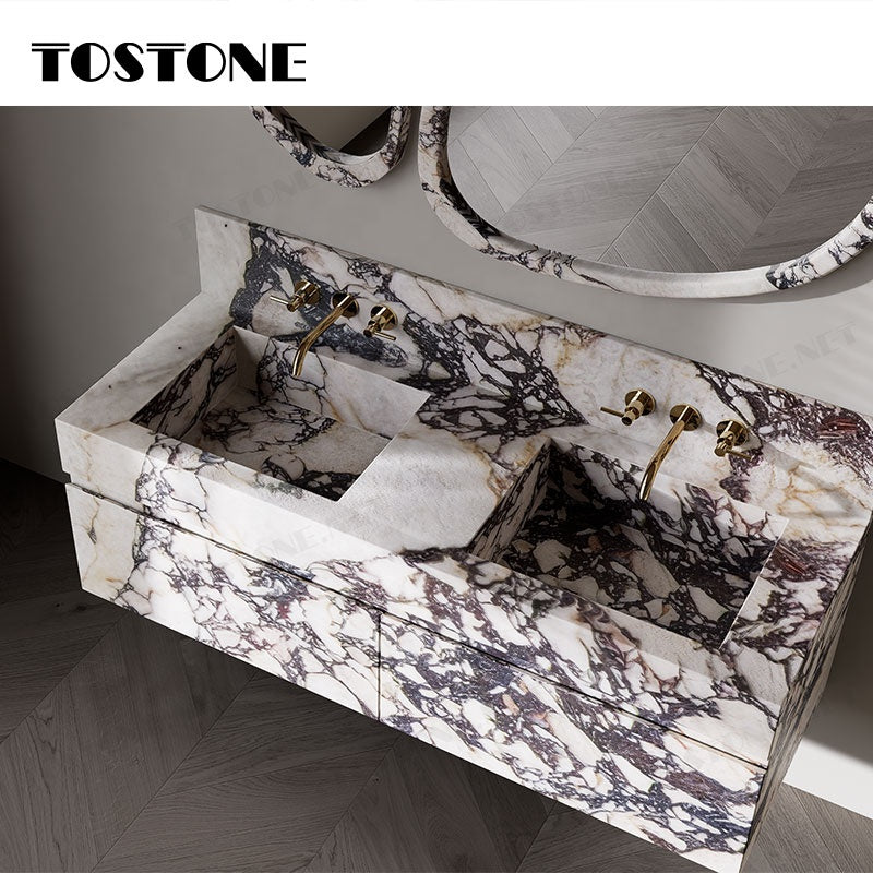Tostone Mặt bàn chậu rửa phòng tắm gắn tường bằng đá cẩm thạch Calacatta Viola tự nhiên đẹp dành cho nội thất tùy chỉnh phòng vệ sinh nhỏ