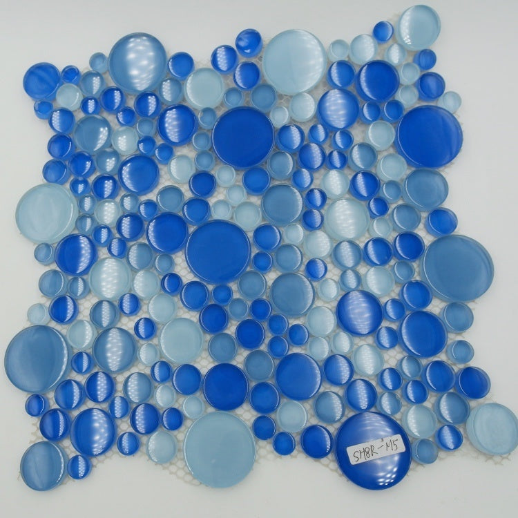Gạch Goodluck Mosaic kính pha lê hình bong bóng tròn phong cách hiện đại, xanh dương đậm nhạt pha trộn, cho hồ bơi, phòng tắm, nhà bếp, khách sạn.
