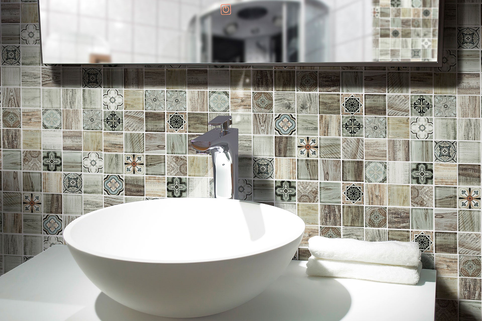Ốp tường gạch mosaic kính gỗ pha lê kiểu hiện đại in phun cho nhà bếp, phòng tắm, phòng khách, thiết kế lát sàn gỗ
