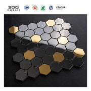 Gạch ốp tường kim loại hình lục giác màu đen và vàng bằng thép không gỉ có họa tiết khảm màu xám