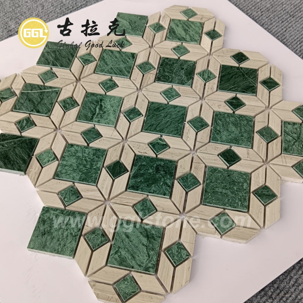 Gạch mosaic đá hoa văn cắt tia nước phối cẩm thạch xanh và vân gỗ