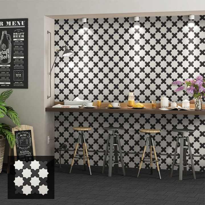 Gạch khảm 3D hình khối ngôi sao đen trắng kích thước 30 x 30 cm dùng làm nền quầy bar/phòng