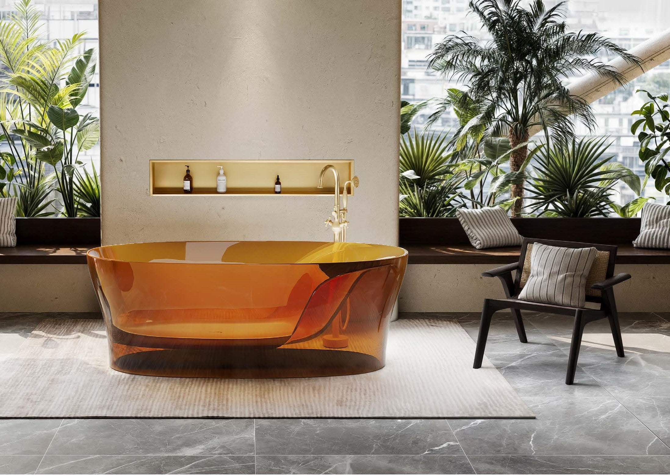 Bồn tắm ngâm bằng nhựa epoxy trong suốt màu nâu, thiết kế trang trí hiện đại đẹp mắt