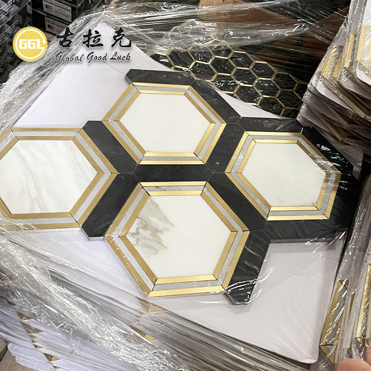 Cung cấp từ nhà máy Gạch mosaic hình lục giác đá cẩm thạch trắng Calacatta phối đồng dùng để trang trí nội thất