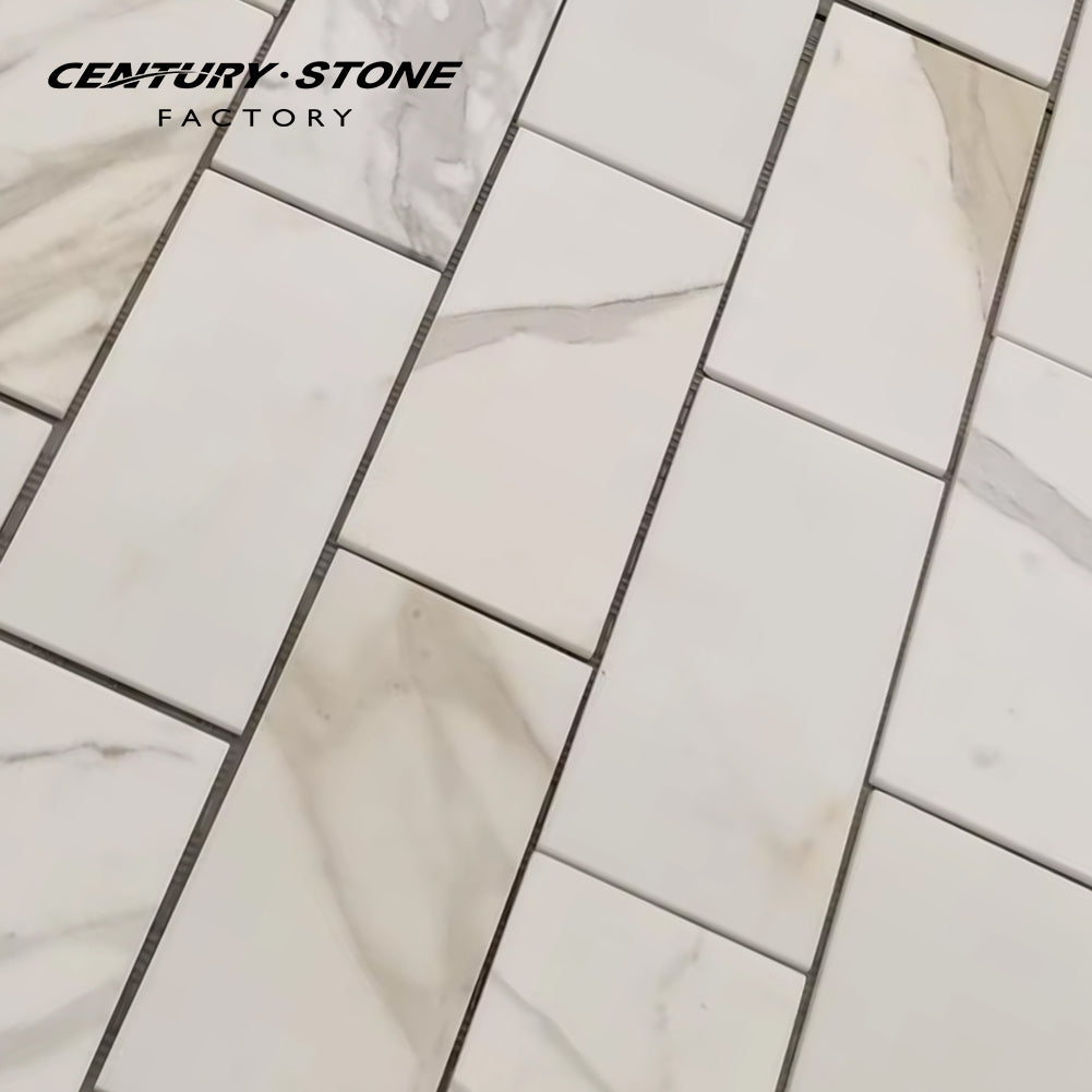 Centurymosaic Gạch Trắng Đánh Bóng Đá Tự Nhiên Cẩm Thạch Calacatta Vàng Gạch Mosaic Kiểu Tàu Điện Ngầm