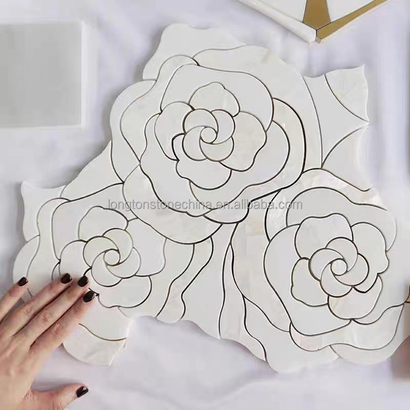 Gạch Mosaic Cẩm Thạch Trắng Tự Nhiên Pha Xà Cừ Cắt Tia Nước Hoa Hồng Mới Trang Trí Tường Sang Trọng