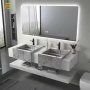 Tủ chậu rửa đôi treo tường bằng đá cẩm thạch thiêu kết kiểu Châu Âu có gương