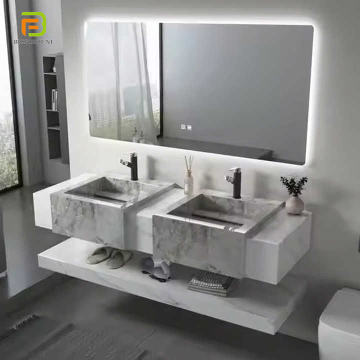 Tủ chậu rửa đôi treo tường bằng đá cẩm thạch thiêu kết kiểu Châu Âu có gương