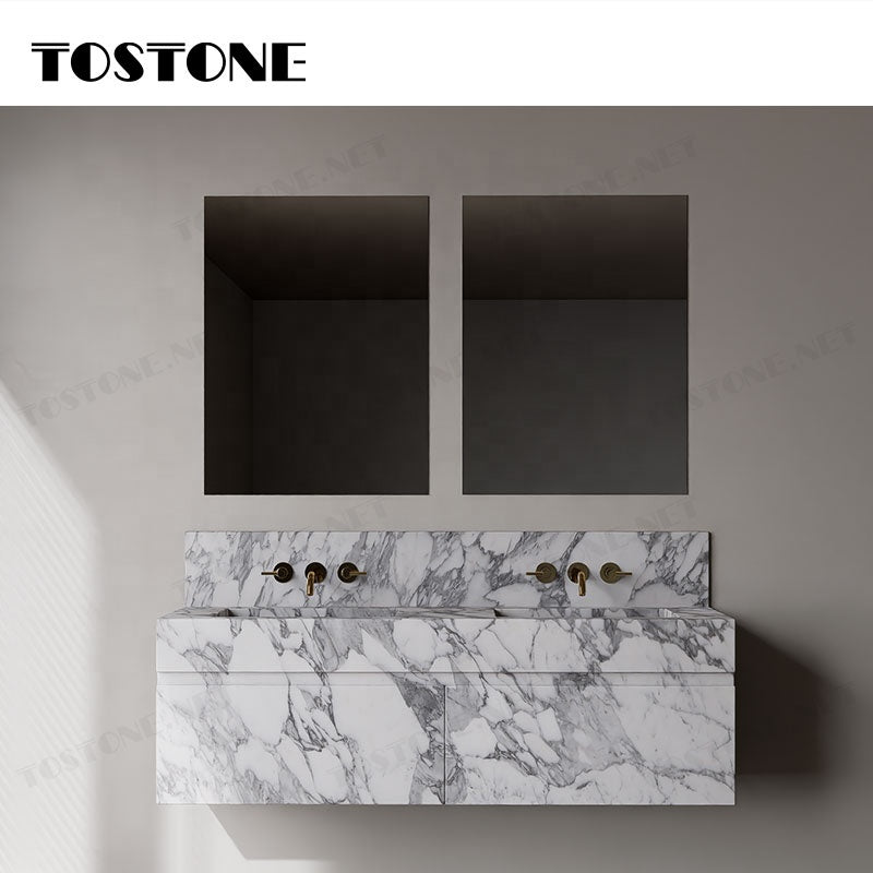 Tostone Mặt bàn lavabo phòng tắm gắn tường bằng đá cẩm thạch Arabescato Corchia tự nhiên sang trọng dành cho phòng vệ sinh nhỏ, thiết kế nội thất tùy chỉnh