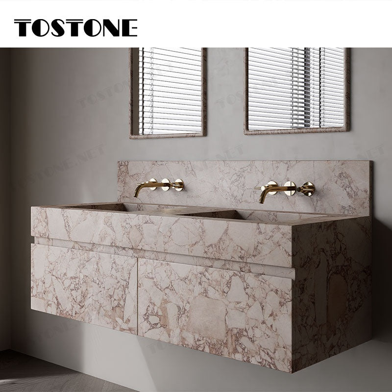 Tostone Mặt bàn trang điểm phòng tắm gắn tường bằng đá cẩm thạch Calacatta Hồng tự nhiên chống thấm nước bền bỉ dành cho phòng vệ sinh nhỏ nội thất tùy chỉnh