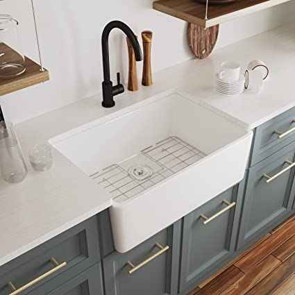 Bồn rửa Farmhouse màu trắng 24 inch có lưới đáy và bộ lọc, bồn rửa Apron, bồn rửa gốm đơn, bồn rửa nhà bếp nhỏ