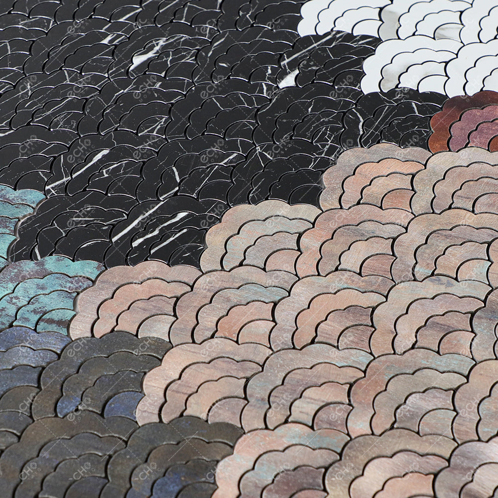 Gạch nhôm mosaic có keo dán chống thấm họa tiết vân mây vẽ màu nâu dùng trang trí nội thất